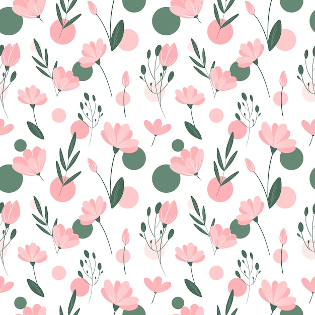 Photo flowers and herbs seamless pattern on white pink flower green leaf and circle repeat print