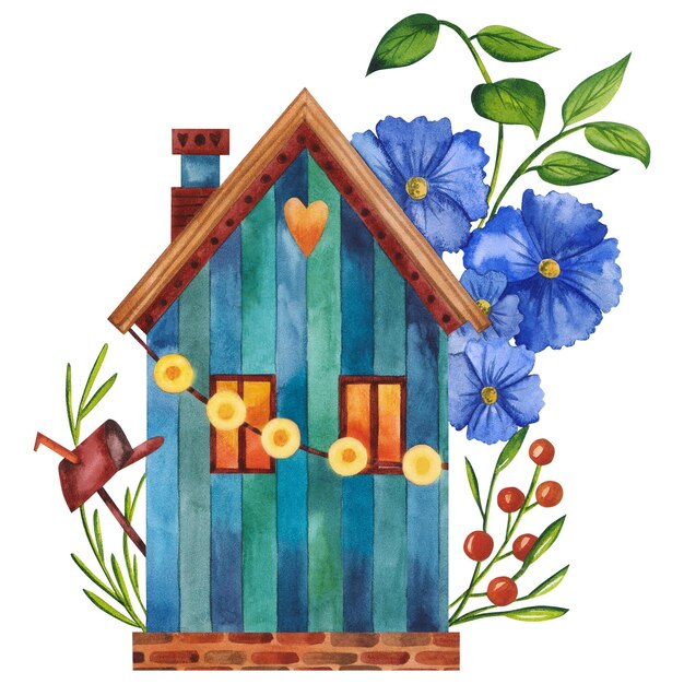 Flowers house with blue flowers with garland watercolor illustration Hand painted card with norwegian house isolated on white background Beautiful house illustration for design textile wallpaper