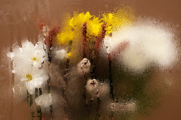 Photo flowers behind humidity glass