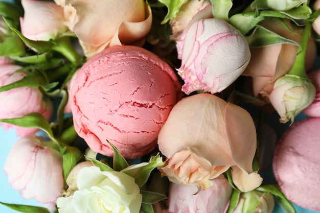 Flowers, ice cream and macaroons, close up