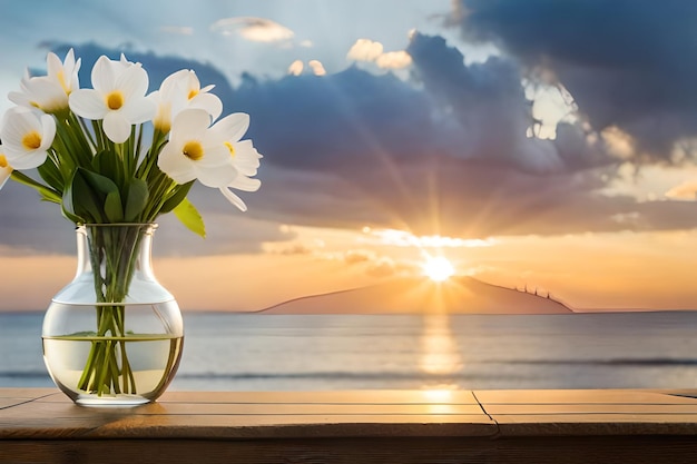 写真 海の上の日没のテーブル上の花瓶の花