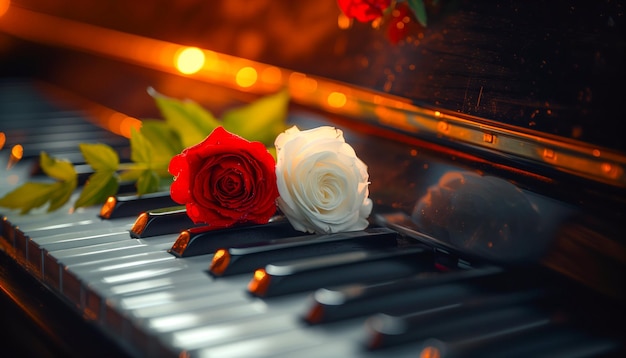 Flowers on the keys of a piano Piano and flowers Rose on piano keys