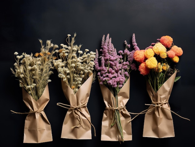 flowers in kraft packaging on black background