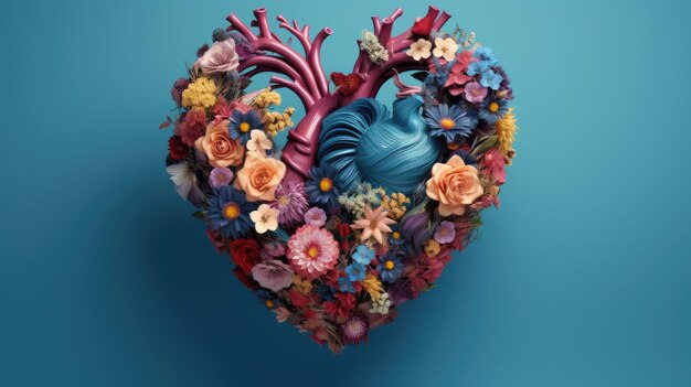 flowers laid out in the shape of a heart on a turquoise background