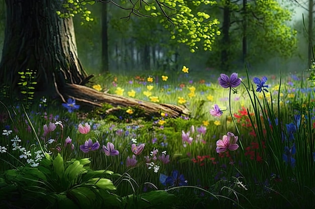 Flowers in landscape of forest clearing flower meadow in spring created with generative ai