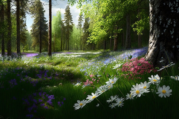 Flowers in landscape of forest clearing flower meadow in spring created with generative ai