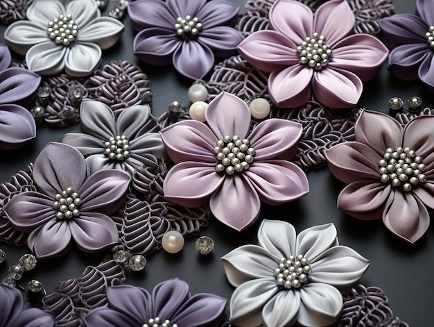 Photo flowers laying down on background of grey close up in the style of made of beads and yarn