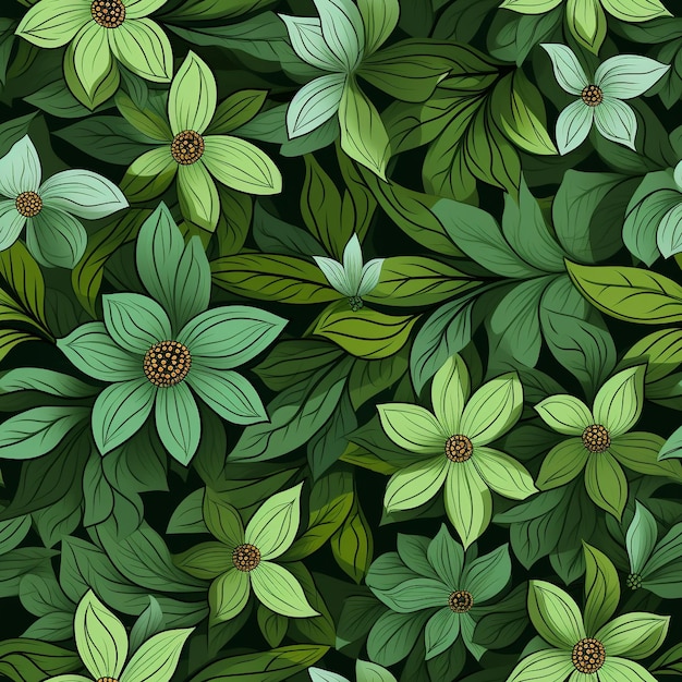 Flowers and leafs green tone pattern seamless ai generate