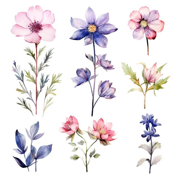 Flowers and leave painting watercolor floral set illustration generative ai