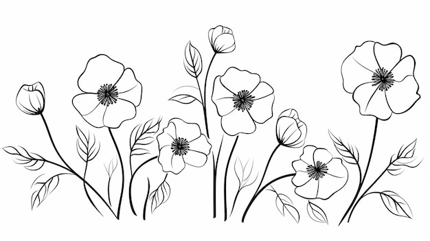 Flowers and Leaves Vector One Line Drawing Botanical decor