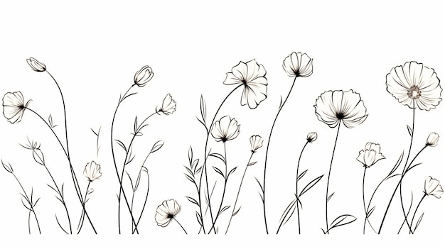 Цветы и листья Векторный рисунок одной линии Иллюстрация ботанического эскиза