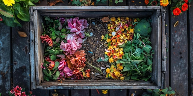 Foto fiori e foglie in una scatola di legno