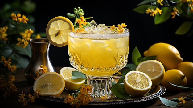 Цветы и лимонный гарнир на коктейле