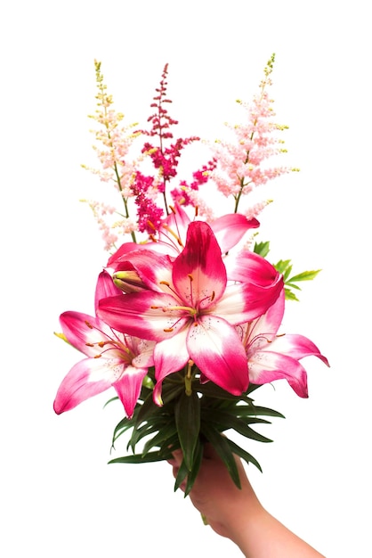 Flowers of lily and astilbe in a bouquet hold in hand isolated on white background. Flat lay, top view
