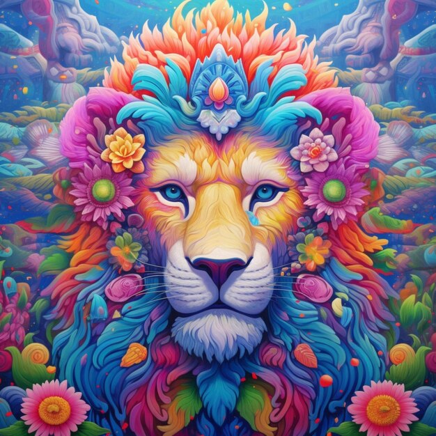 Flowers and lion colorful beautiful background