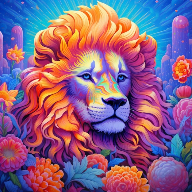 Flowers and lion colorful beautiful background
