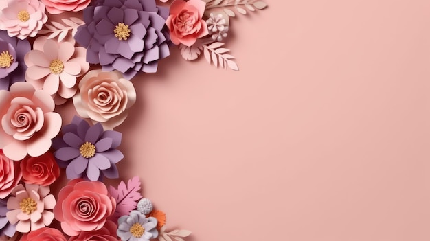 コピー スペースと色の背景に紙で作られた花