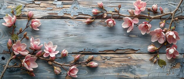 Photo flowers of magnolia with orchids on shabby wooden planks