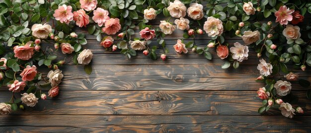 Flowers of magnolia with roses and hortensia on top of shabby wooden planks in rustic style Top view Flat design Copy space