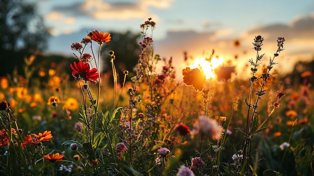 Foto fiori prati campi piante verdi tramonto natura e paesaggio stagione di viaggio estate stile vintage
