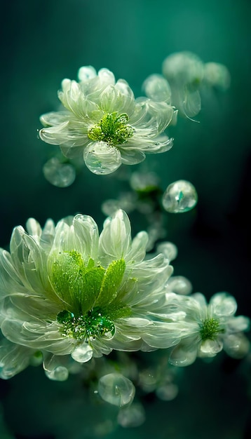 Flowers in the middle of a green background with water droplets generative ai