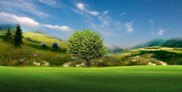 青い曇り空に花と山無人の野原の木と草の美しい自然の風景