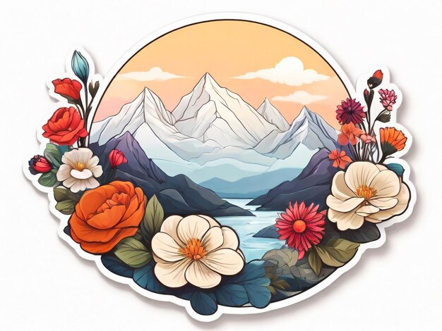 Flowers and mountains sticker with white background