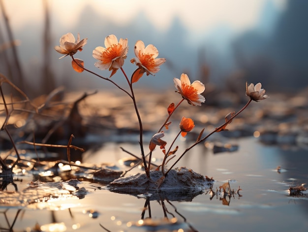 夕暮れ時の泥の中の花