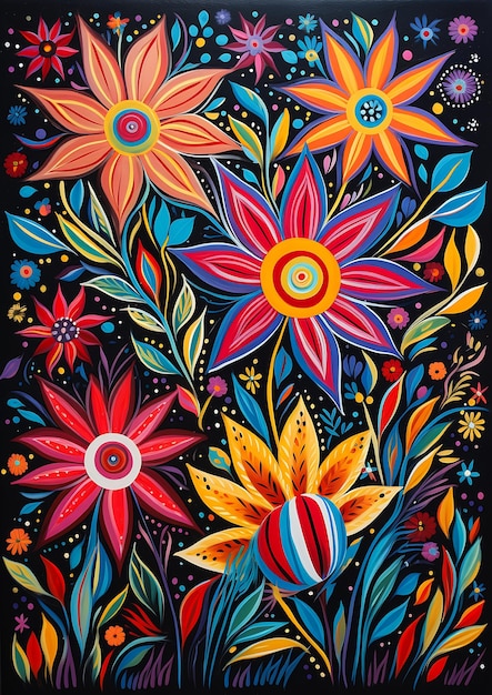 flowers native american folk brush flowing rhythms cheerful colors unique vibrant people red blue