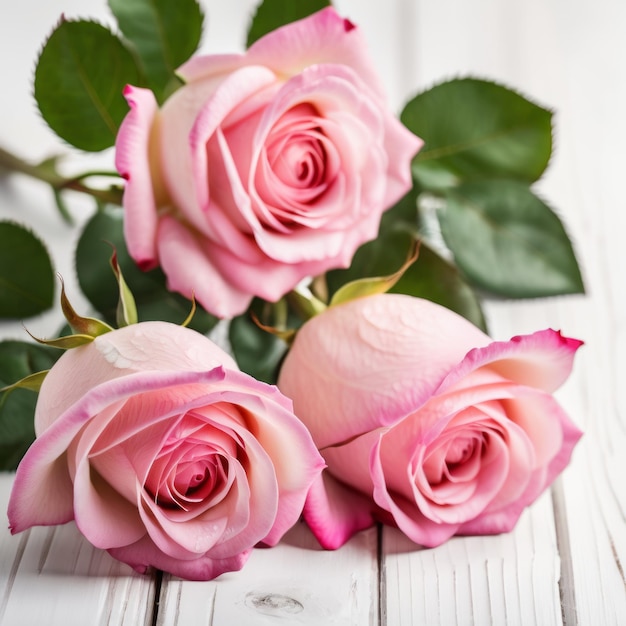 Foto flowers of pink roses on white wood background happy valentines day with romantic greeting card