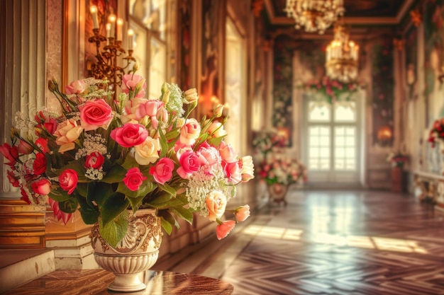Flowers in Old Castle Interior Vintage Victorian Hall with Flower Vase Luxury Hotel Lobby Royal Villa