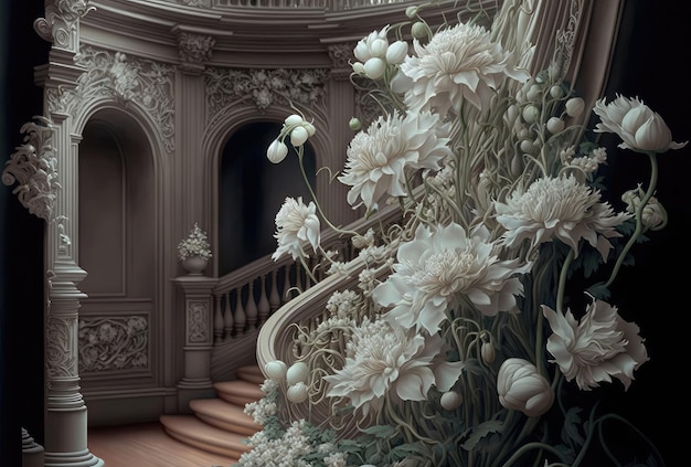 Flowers in Old Castle Interior Vintage Victorian Hall with Flower Vase Royal Villa Abstract Generative AI Illustration