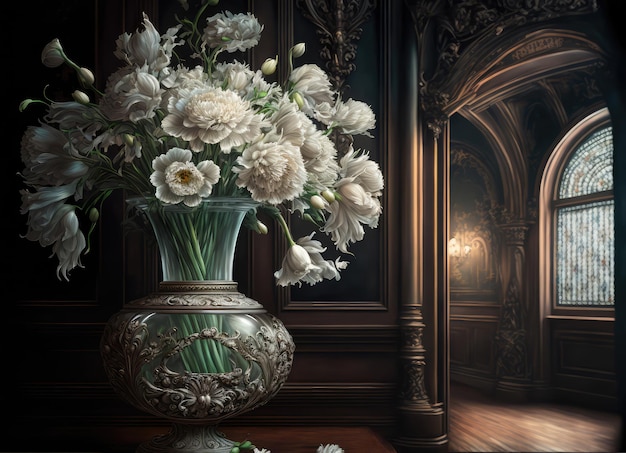 Flowers in Old Castle Interior Vintage Victorian Hall with Flower Vase Royal Villa Abstract Generative AI Illustration