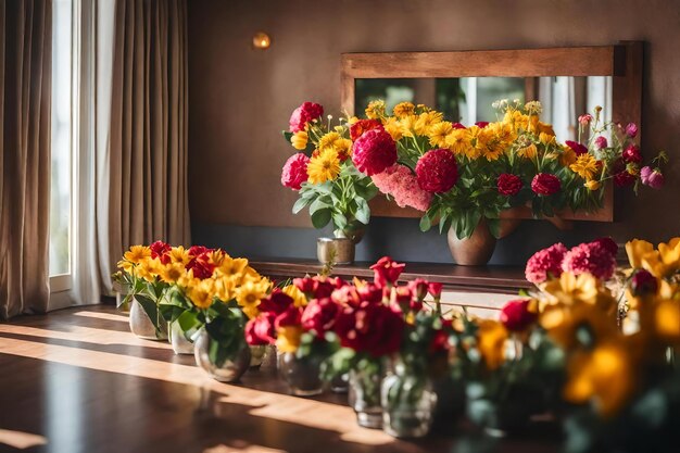 写真 窓際に花が並んでおりその後ろに鏡がある