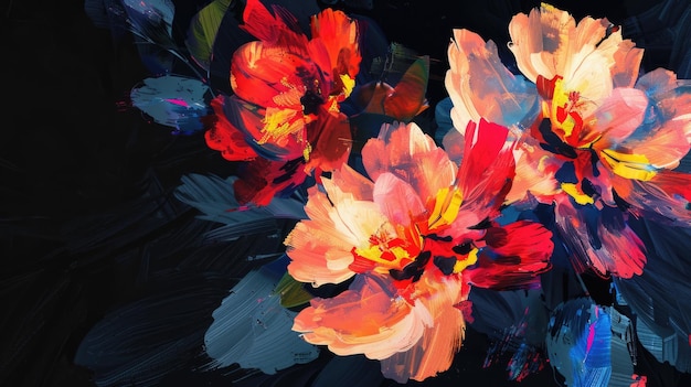 写真 黒い 背景 に 油絵 の スタイル で 描か れ た 鮮やかな バラ の 花束