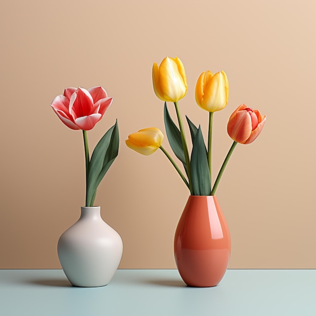 Flowers in pair vases on minimalist backgrounds warm colorized