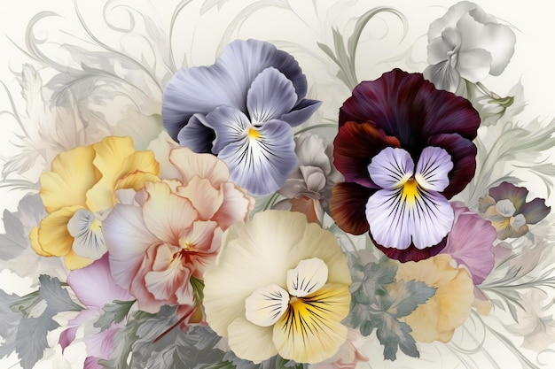 Flowers of pansies on a white background