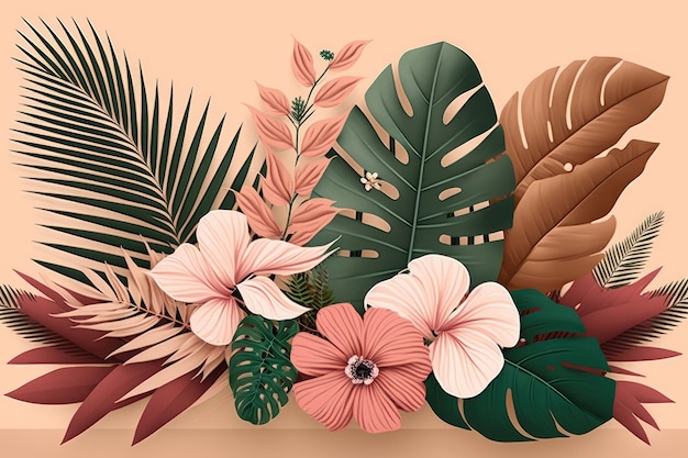 Flowers on pastel pink background with green palm leaves created with generative ai