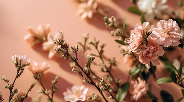 Flowers on a peach background spring floral flat lay background