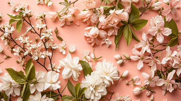 Flowers on a peach background spring floral flat lay background