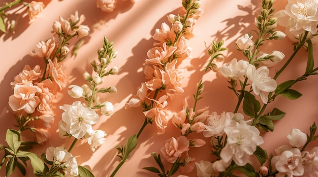 Flowers on a peach background spring floral flat lay background