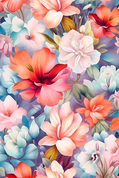 Flowers in pink and blue on a blue background.