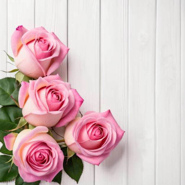 Flowers of pink roses on white wood background Happy Valentines Day with romantic greeting card