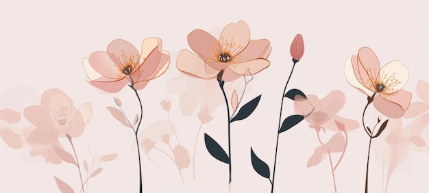 ピンクベージュの背景に花を描く 花の絵 コピースペース モックアップ コピエスペース