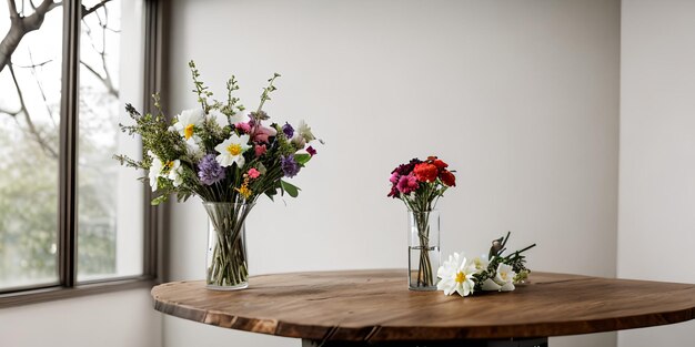 Photo flowers placed on a wooden table and a grey