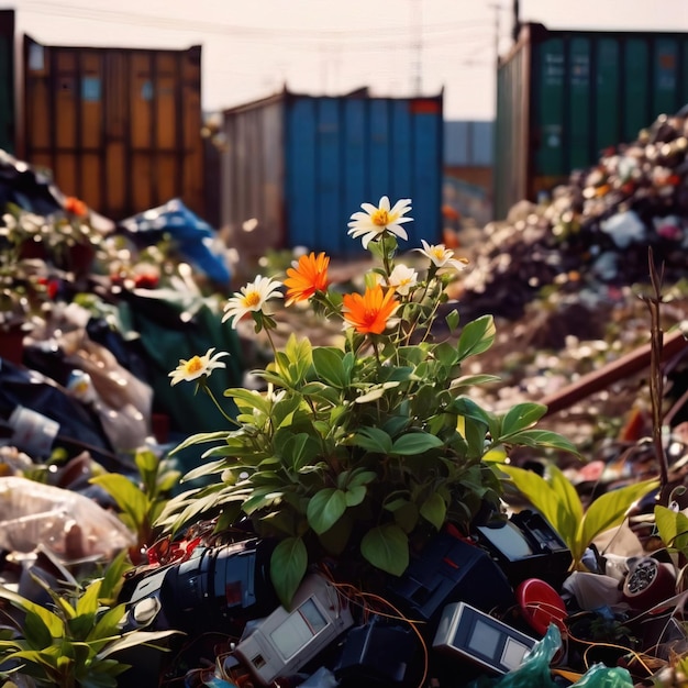 Flowers and plants blooming from garbage waste heap indicating renewal and healing of nature
