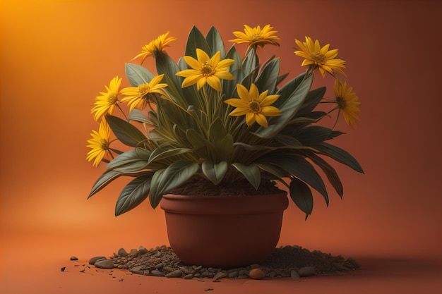 Flowers in a pot on a solid color background ai generative