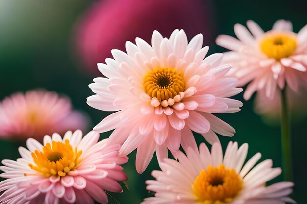 Flowers in a pot with a pink flower in the background.