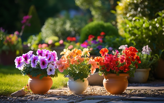 Flowers in pots in the garden