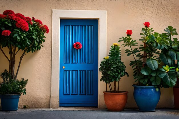 flowers in pots outside a house with potted plants and a blue door.